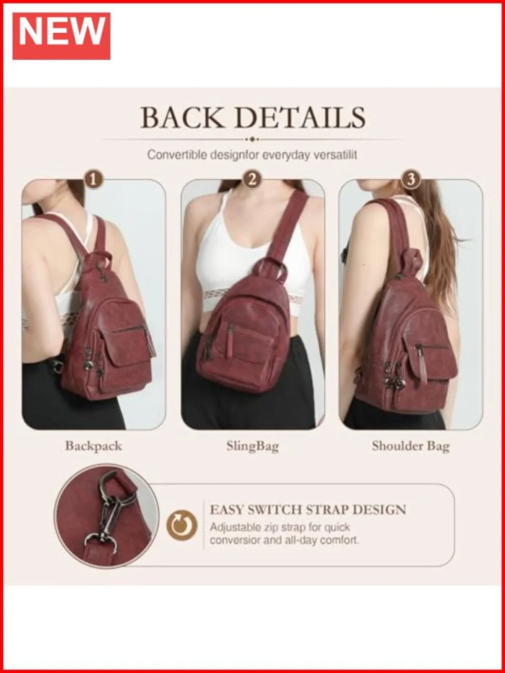 Convertible Sling Backpack Purse for Women, Soft Faux Leather, 3-Way Carry,